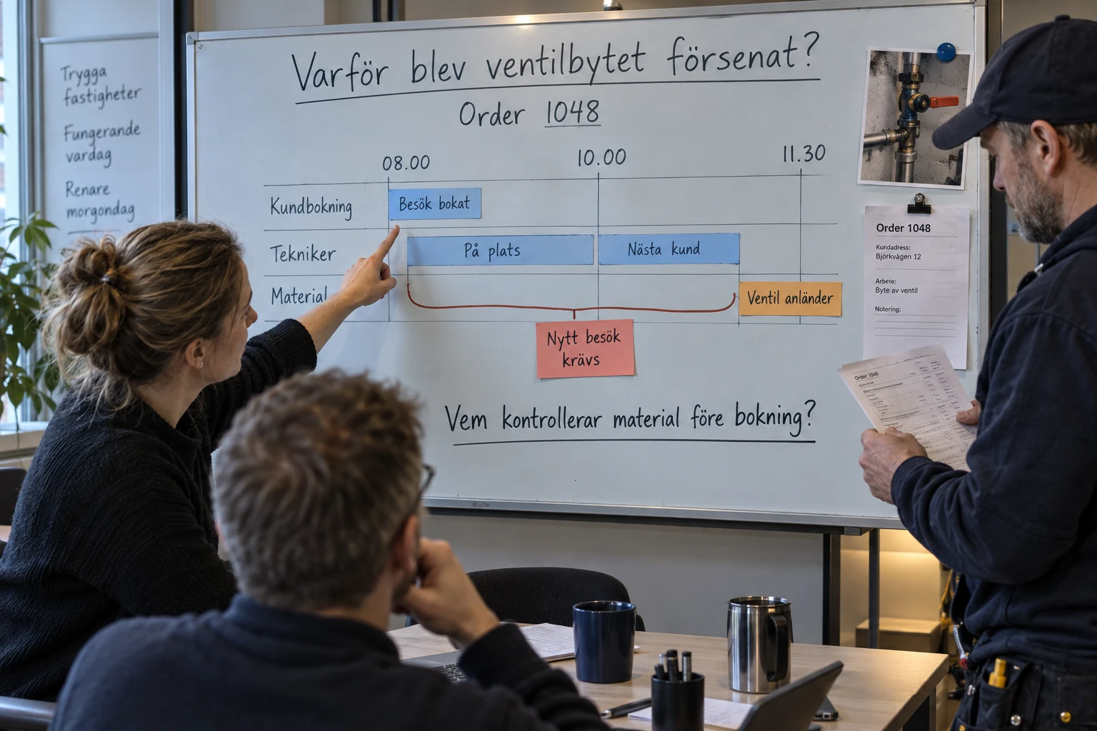 Illustrativ genomgång av ett försenat ventilbyte. På tavlan jämförs kundens bokning kl. 08, teknikerns nästa jobb kl. 10 och materialets ankomst kl. 11.30. Gruppen undersöker vem som kontrollerar material före bokning.