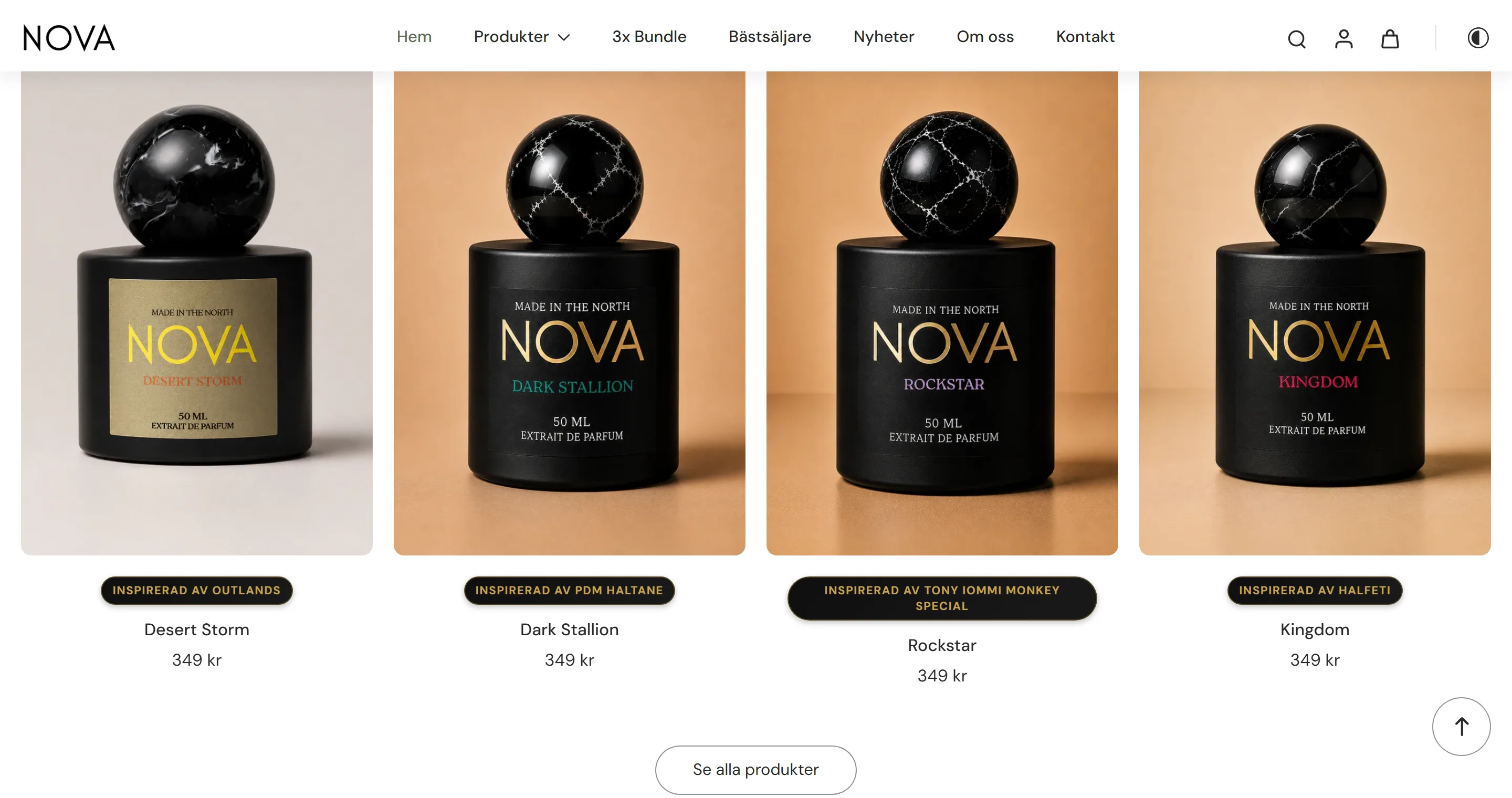 Produktrutnätet i Nova Scents webbshop med fyra parfymflaskor, namn och priser