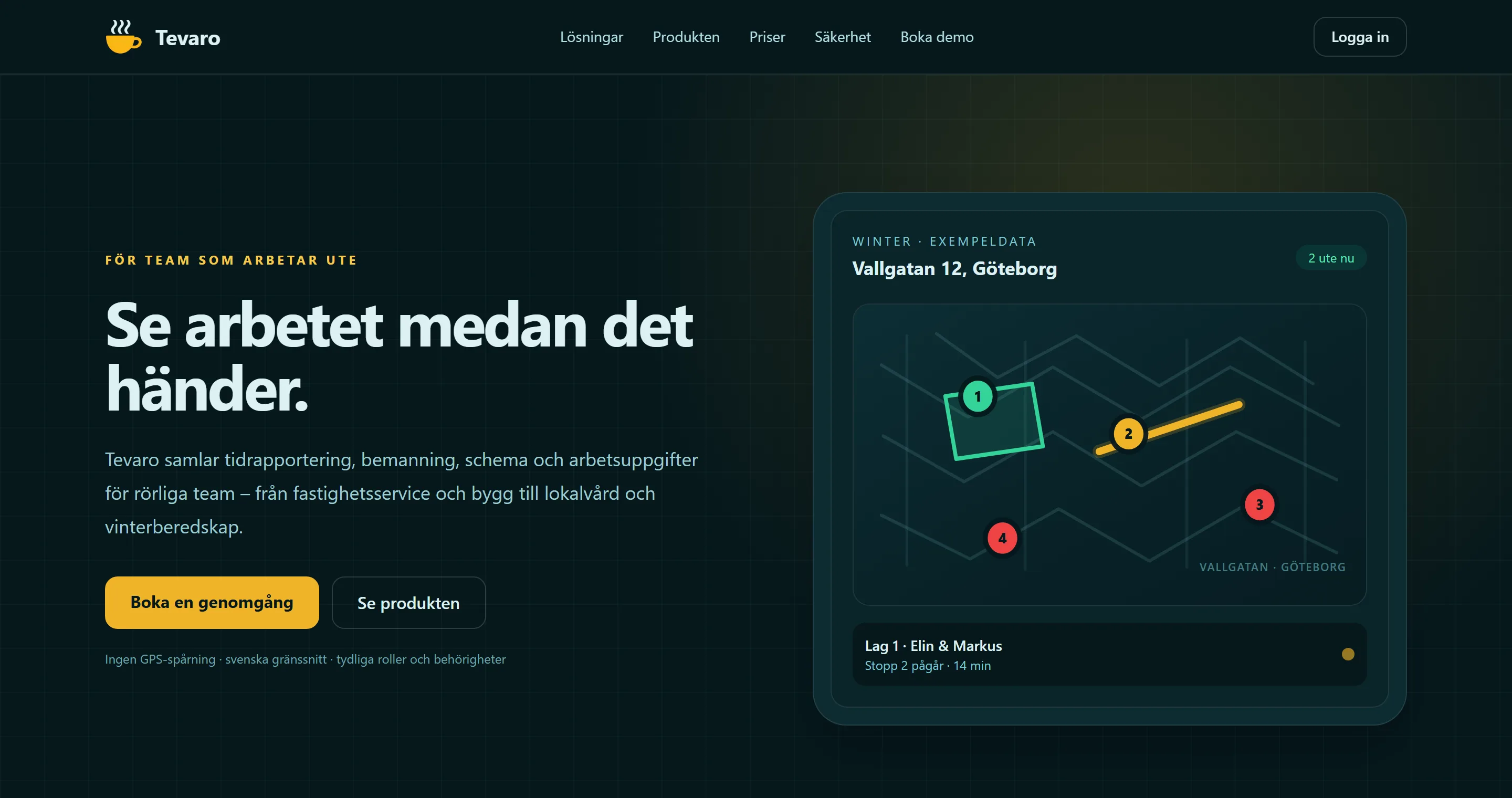 Tevaros startsida med rubriken Se arbetet medan det händer och en arbetskarta med fyra numrerade stopp